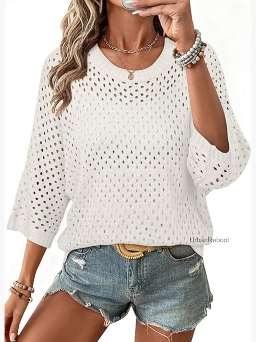 Women's 3/4 Sleeve Crochet Knit Crew Neck Sweater